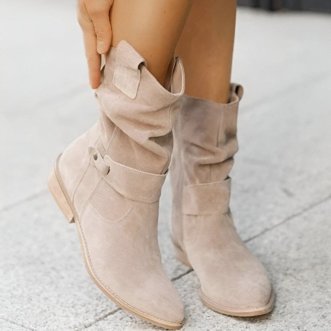 Evangeline - Women's Slouchy Suede Boots with Buckle Strap
