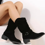 Evangeline - Women's Slouchy Suede Boots with Buckle Strap