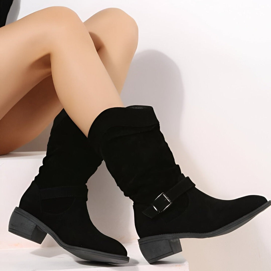 Evangeline - Women's Slouchy Suede Boots with Buckle Strap