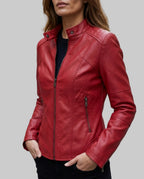 Faye - Women's Paneled Leather Jacket with Snap Collar
