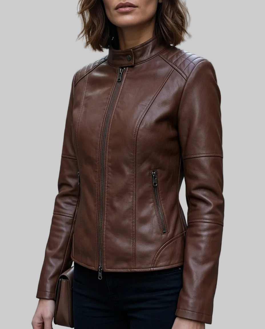 Faye - Women's Paneled Leather Jacket with Snap Collar