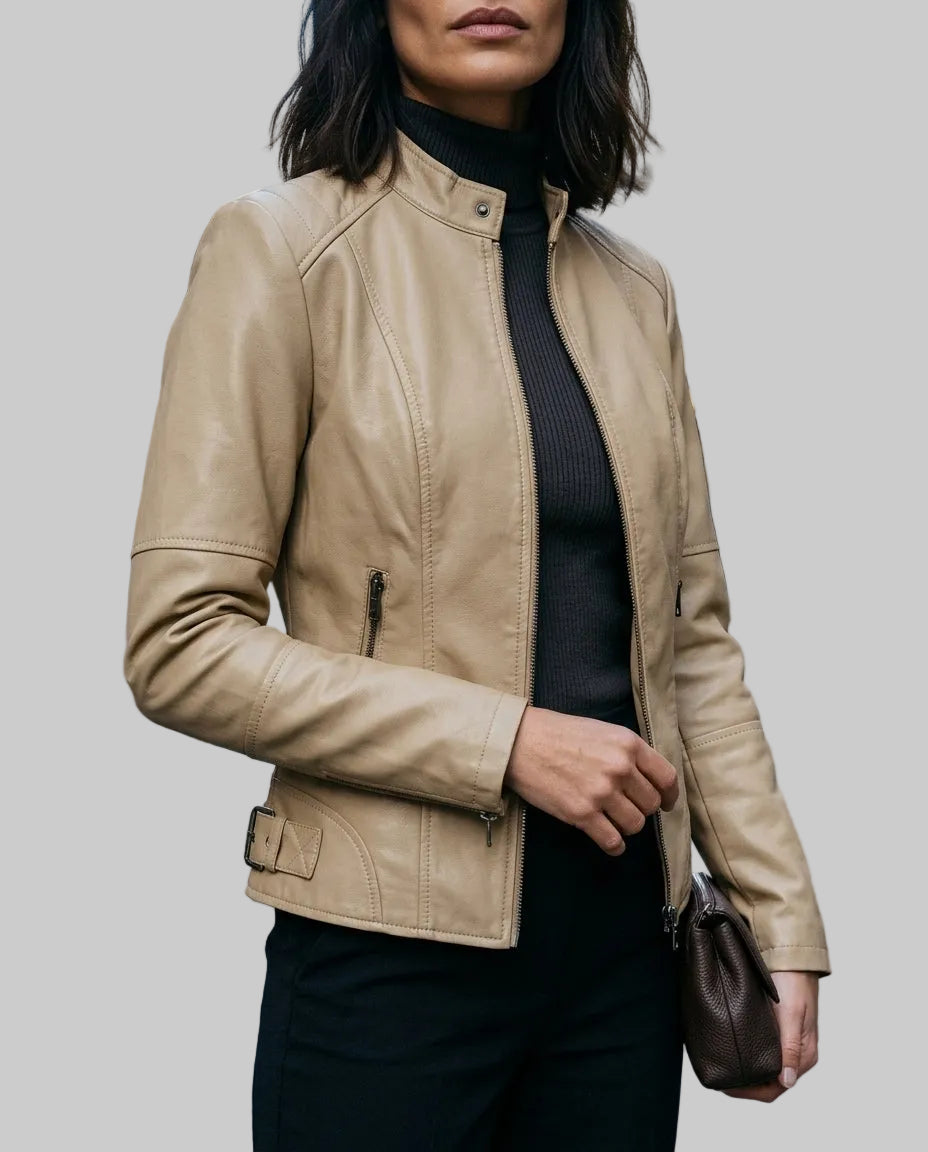 Faye - Women's Paneled Leather Jacket with Snap Collar