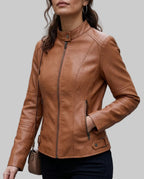 Faye - Women's Paneled Leather Jacket with Snap Collar