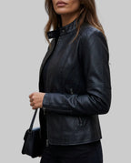 Faye - Women's Paneled Leather Jacket with Snap Collar