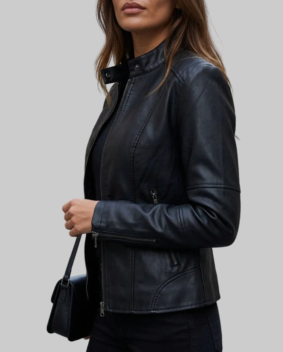 Faye - Women's Paneled Leather Jacket with Snap Collar