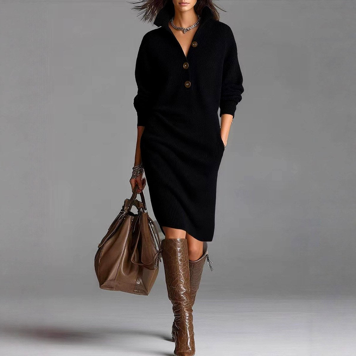 Fernanda - Women's Ribbed Knit Button Collar Sweater Dress 2