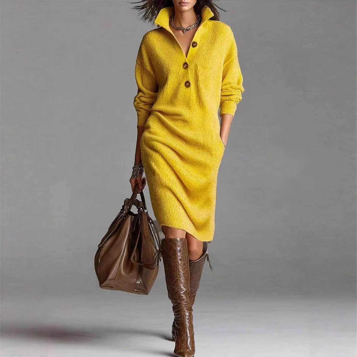 Fernanda - Women's Ribbed Knit Button Collar Sweater Dress 4