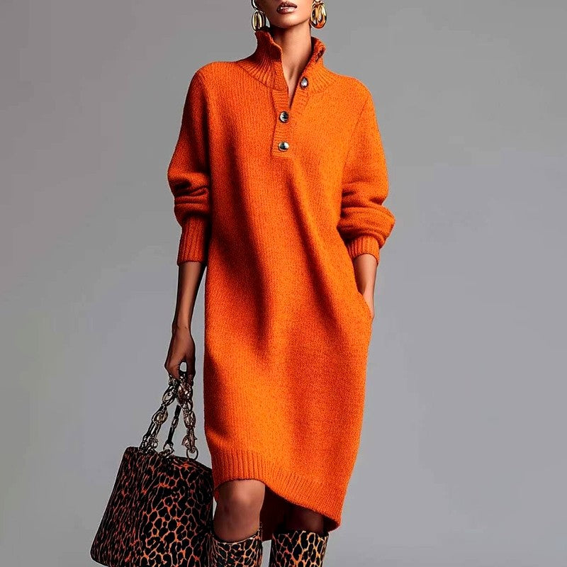 Fernanda - Women's Ribbed Knit Button Collar Sweater Dress 5