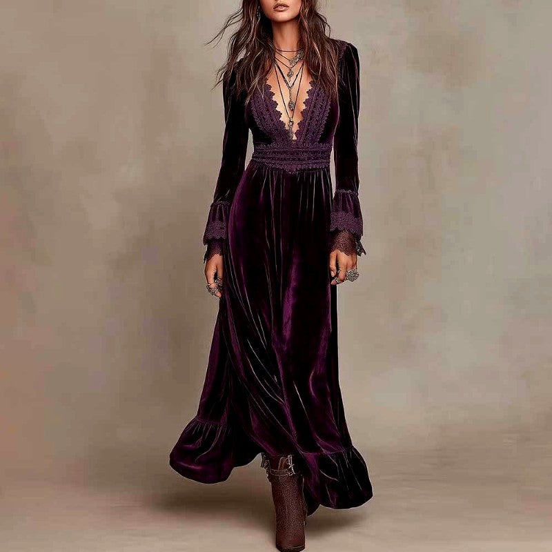 Filomena - Women's Velvet Lace Long Sleeve Party Dress 1