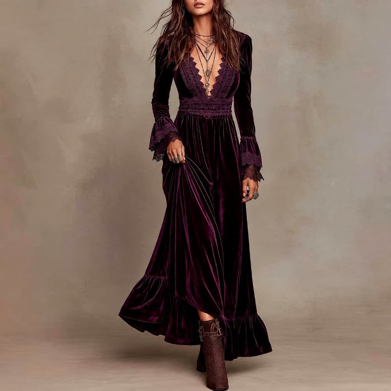 Filomena - Women's Velvet Lace Long Sleeve Party Dress 2
