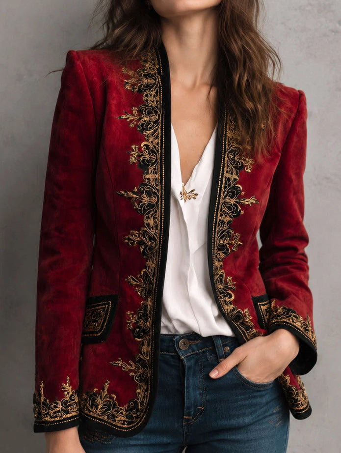 Freya - Women's Velvet Embroidered Open Front Blazer 1