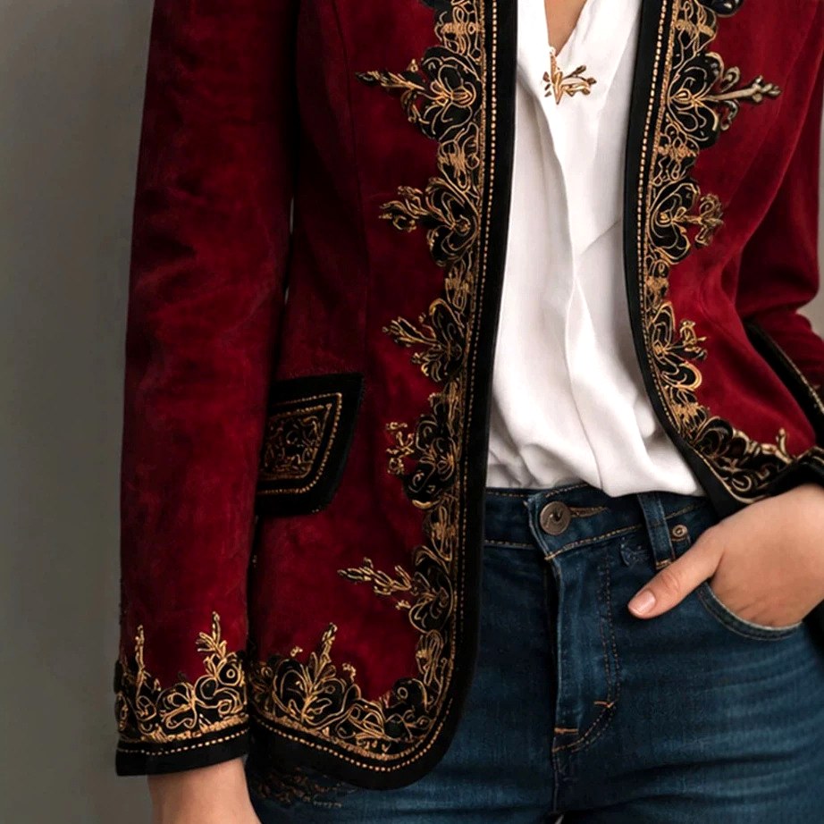 Freya - Women's Velvet Embroidered Open Front Blazer 3