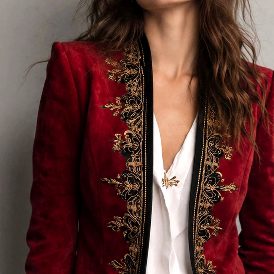 Freya - Women's Velvet Embroidered Open Front Blazer 6