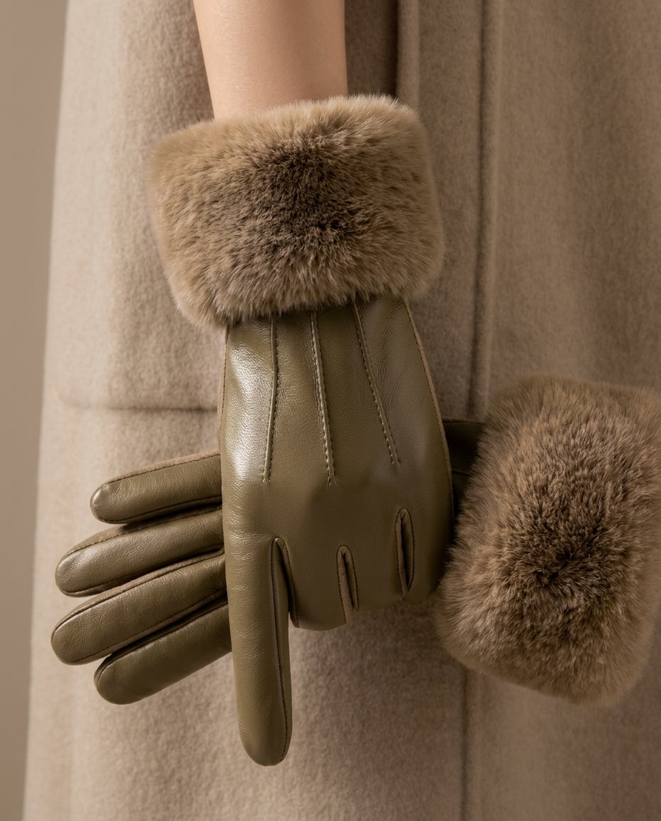 Giselle - Women's Faux Leather Gloves with Plush Fur Cuffs