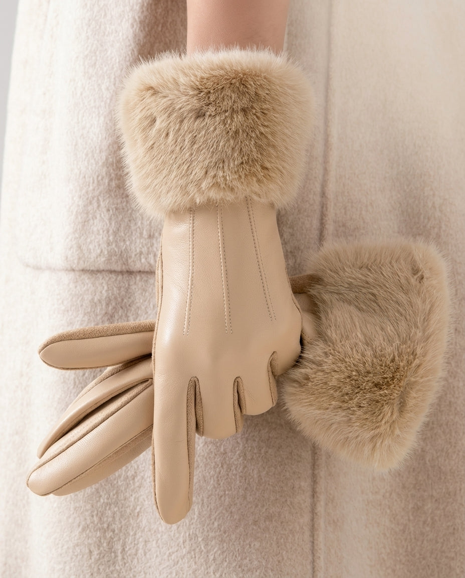Giselle - Women's Faux Leather Gloves with Plush Fur Cuffs