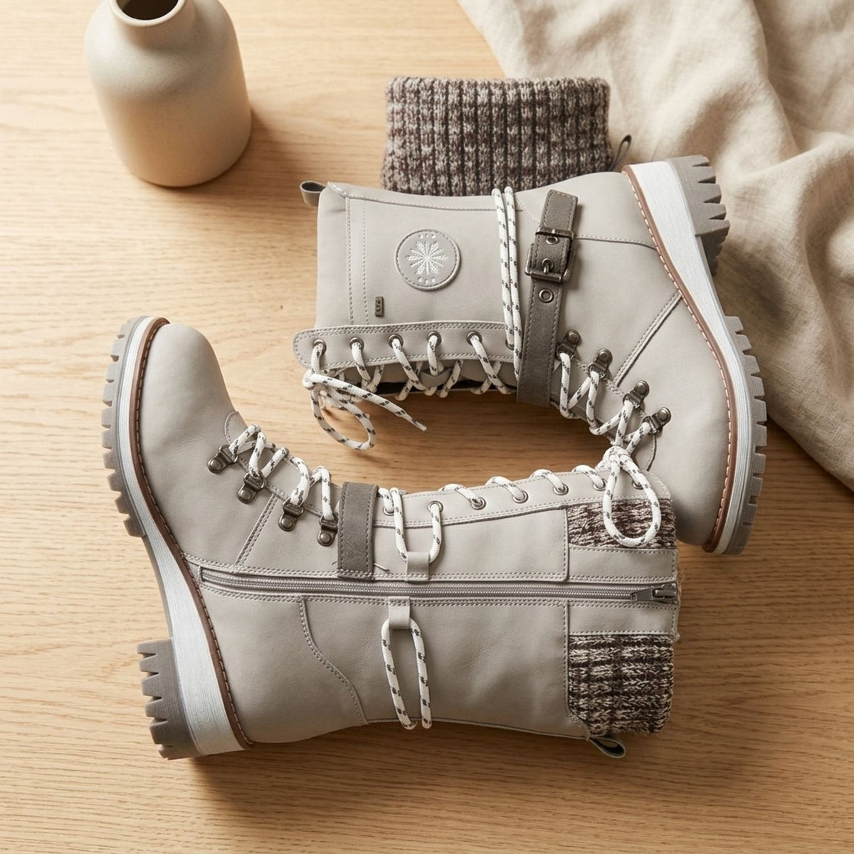 Giselle - Women's Lace-Up Boots with Knit Collar 
