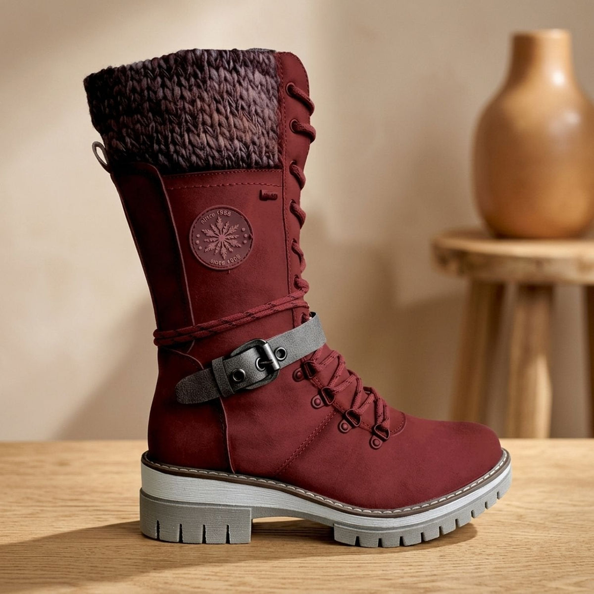 Giselle - Women's Lace-Up Boots with Knit Collar 