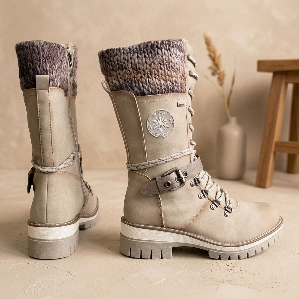 Giselle - Women's Lace-Up Boots with Knit Collar 
