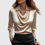 Giselle - Women's Pleated Cowl-Neck Blouse with Long Sleeves