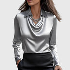 Giselle - Women's Pleated Cowl-Neck Blouse with Long Sleeves