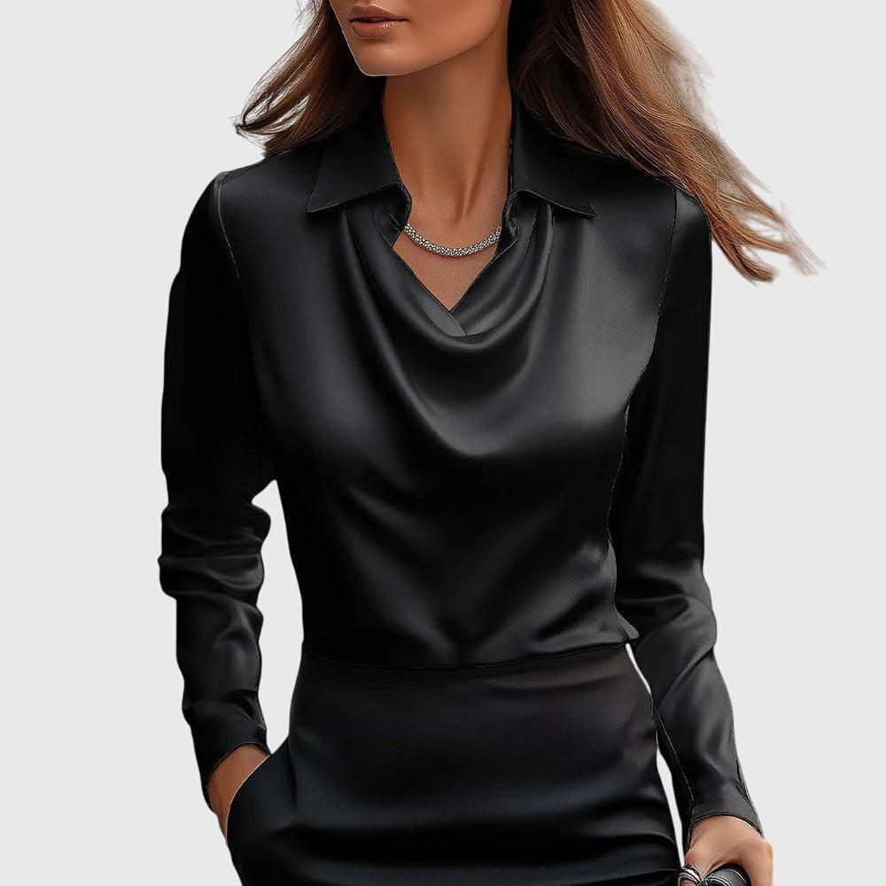 Giselle - Women's Pleated Cowl-Neck Blouse with Long Sleeves