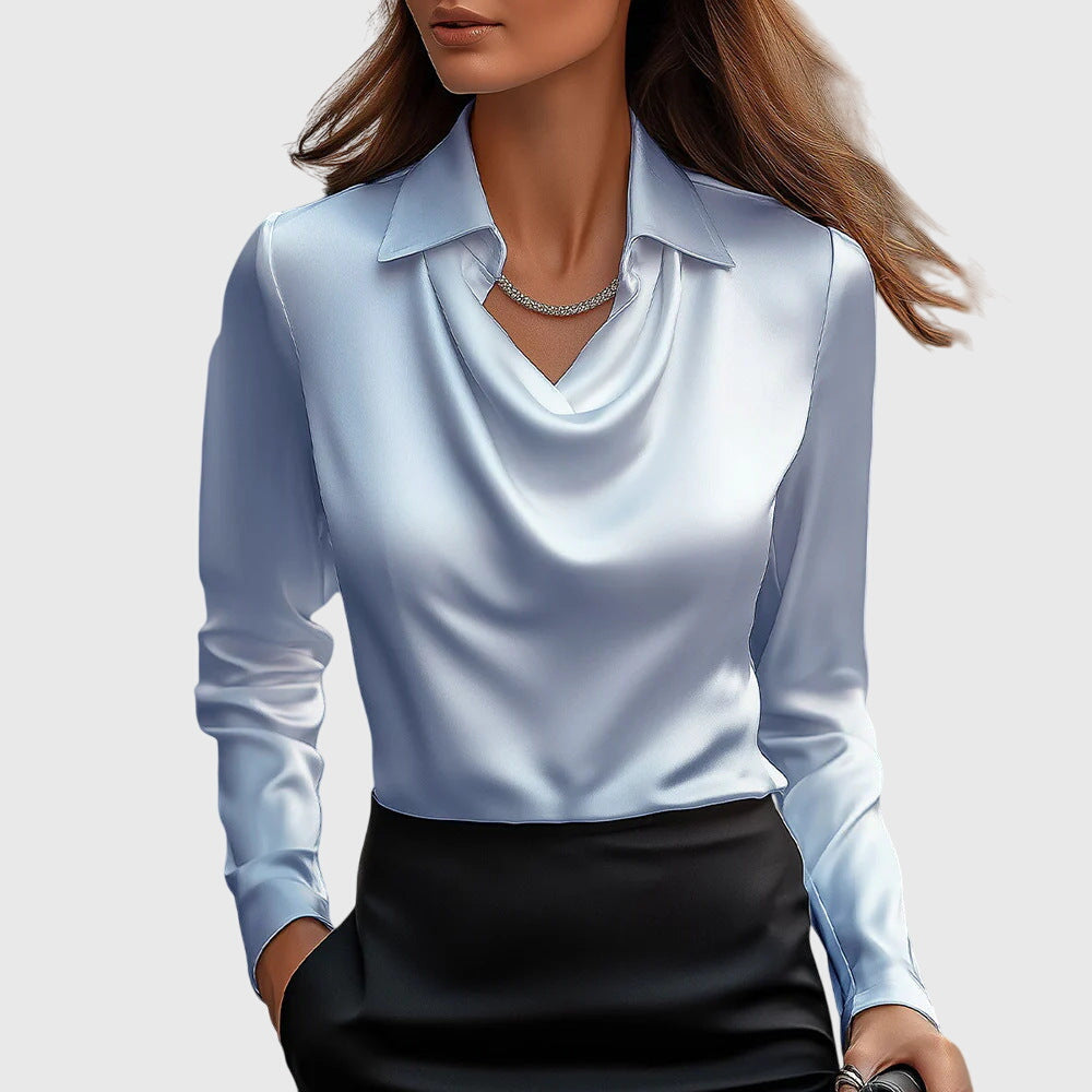 Giselle - Women's Pleated Cowl-Neck Blouse with Long Sleeves