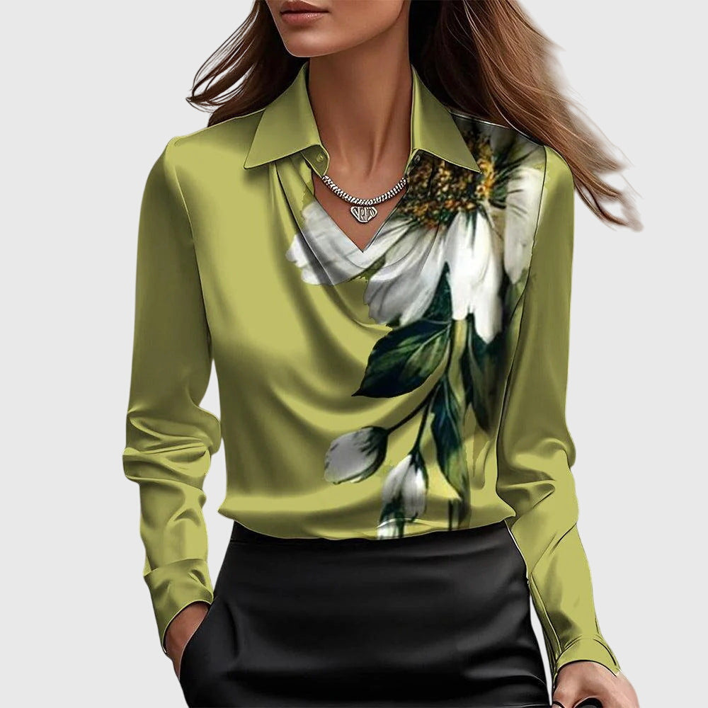 Giselle - Women's Pleated Cowl-Neck Blouse with Long Sleeves