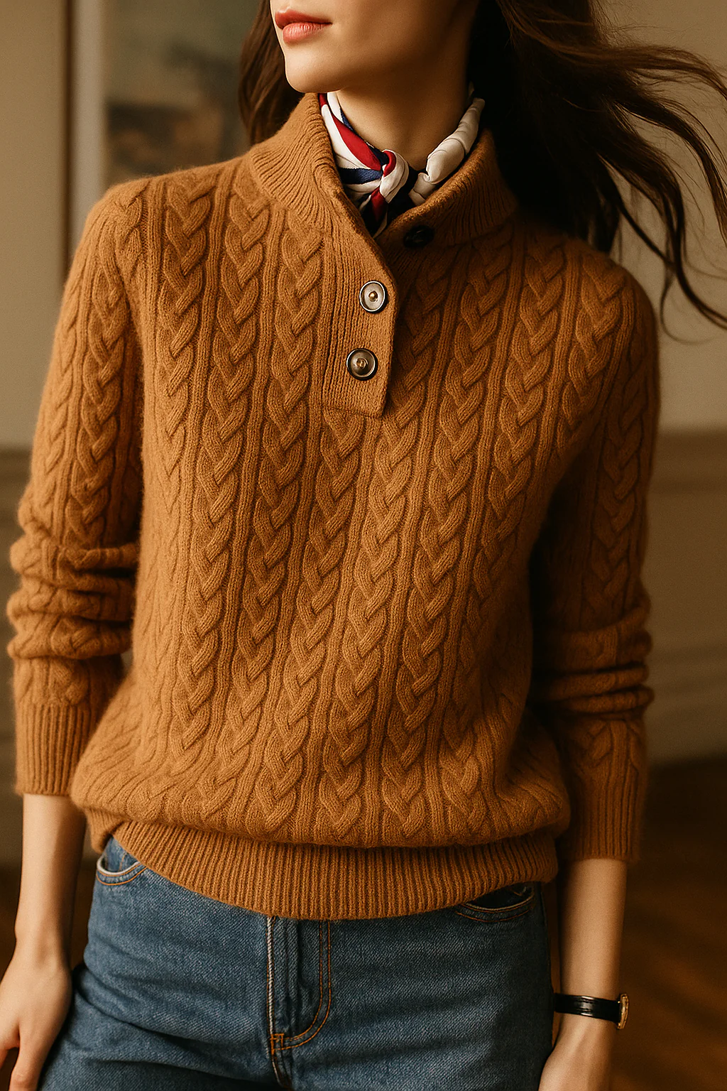 Harlow - Women's Cable-Knit Pullover with Collar Buttons