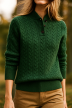 Harlow - Women's Cable-Knit Pullover with Collar Buttons