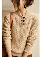 Harlow - Women's Cable-Knit Pullover with Collar Buttons