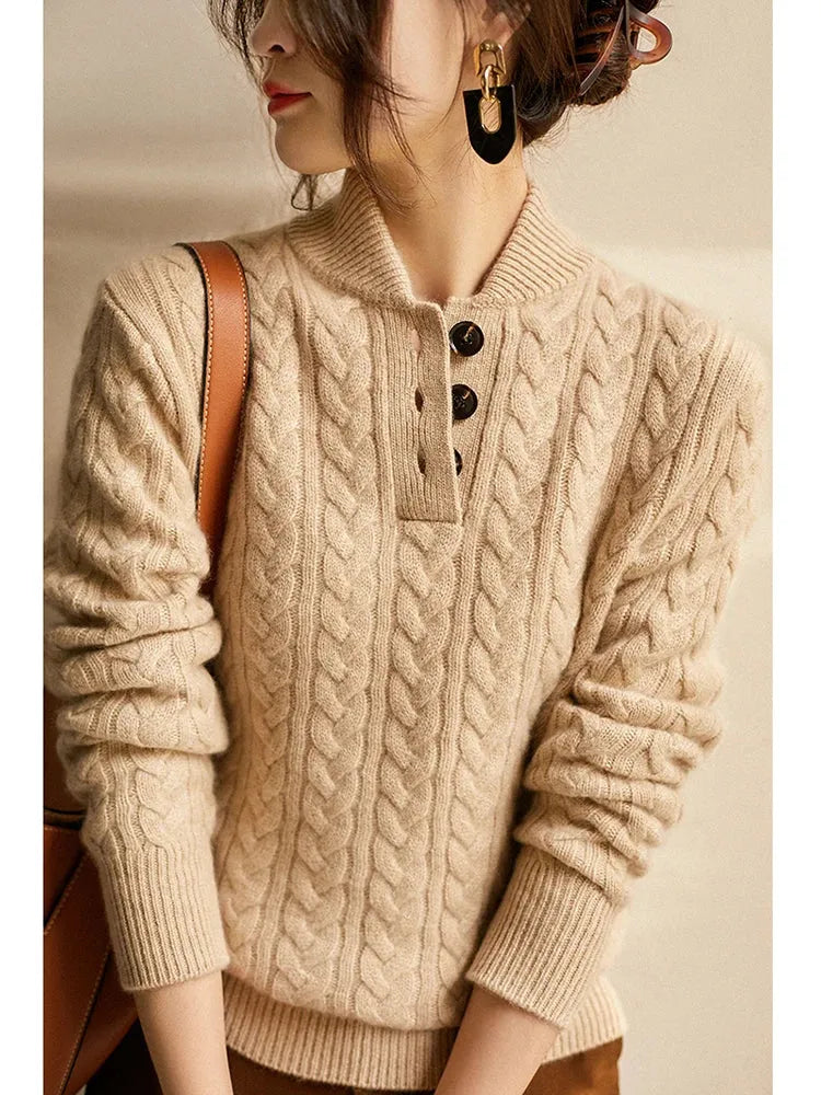 Harlow - Women's Cable-Knit Pullover with Collar Buttons