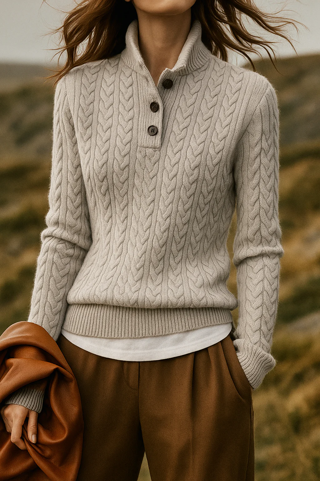 Harlow - Women's Cable-Knit Pullover with Collar Buttons