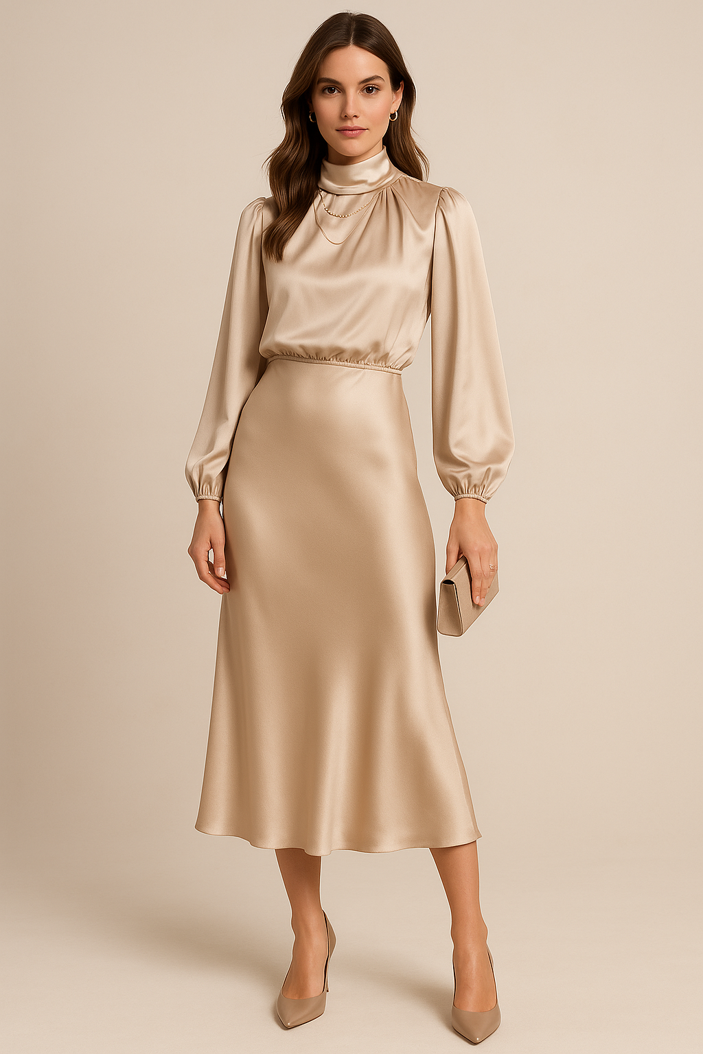 Harlowe - Women's Satin Midi Dress with Puffed Sleeves