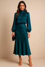 Harlowe - Women's Satin Midi Dress with Puffed Sleeves