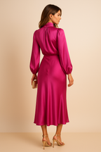 Harlowe - Women's Satin Midi Dress with Puffed Sleeves