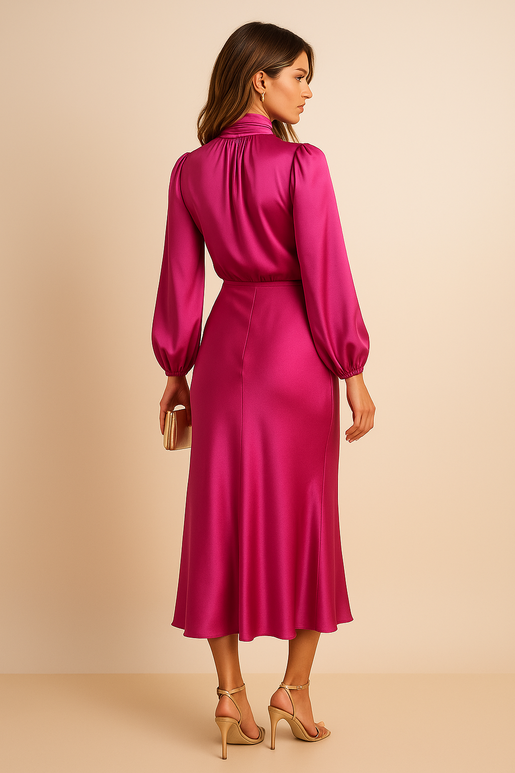 Harlowe - Women's Satin Midi Dress with Puffed Sleeves