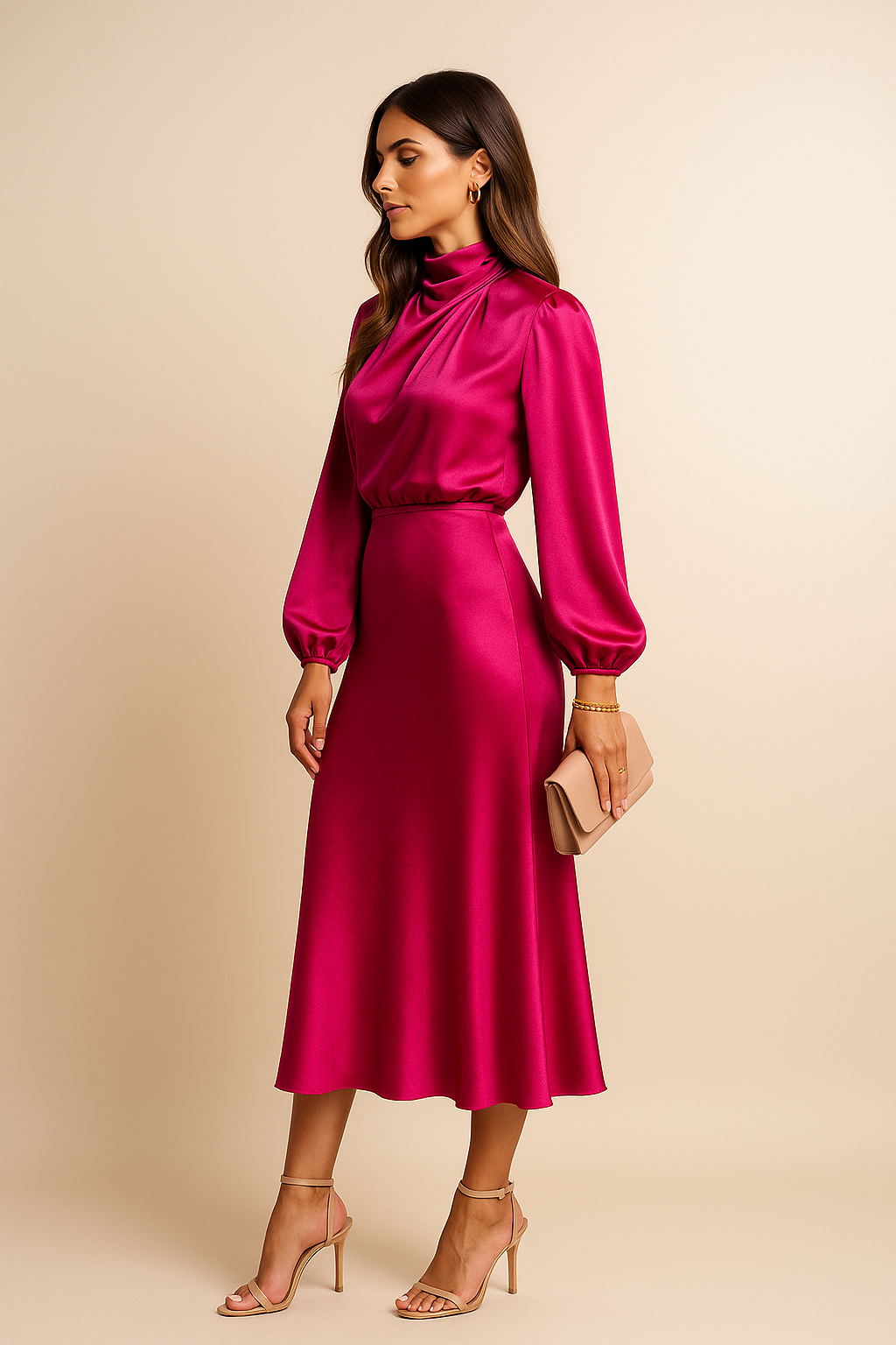 Harlowe - Women's Satin Midi Dress with Puffed Sleeves