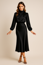 Harlowe - Women's Satin Midi Dress with Puffed Sleeves