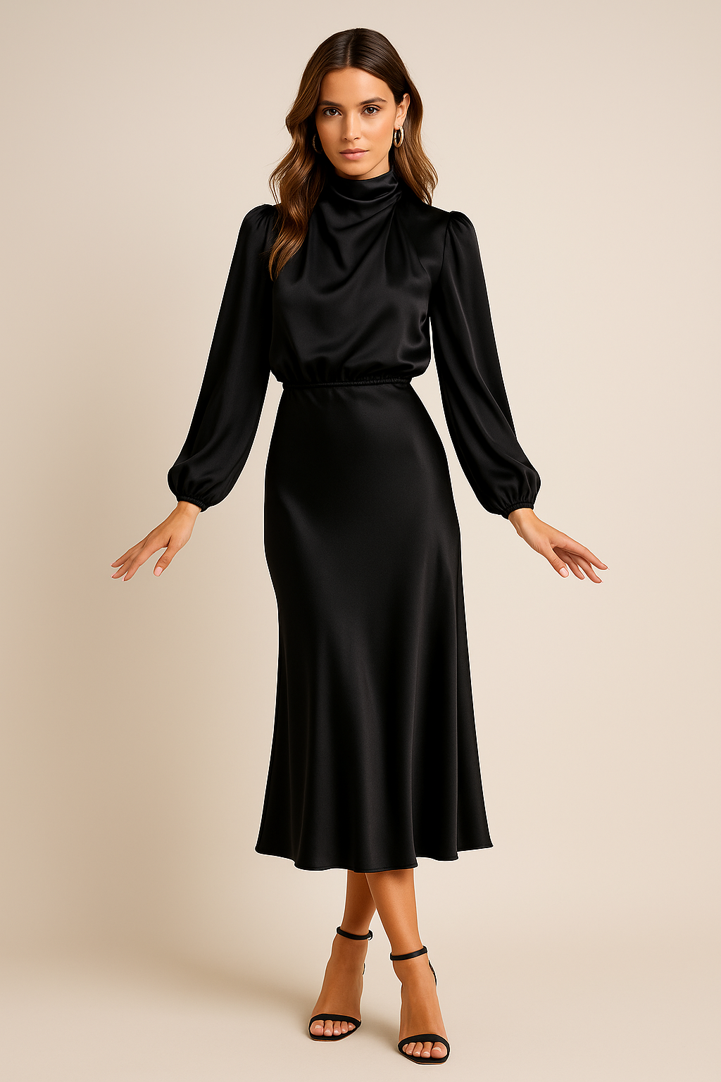 Harlowe - Women's Satin Midi Dress with Puffed Sleeves