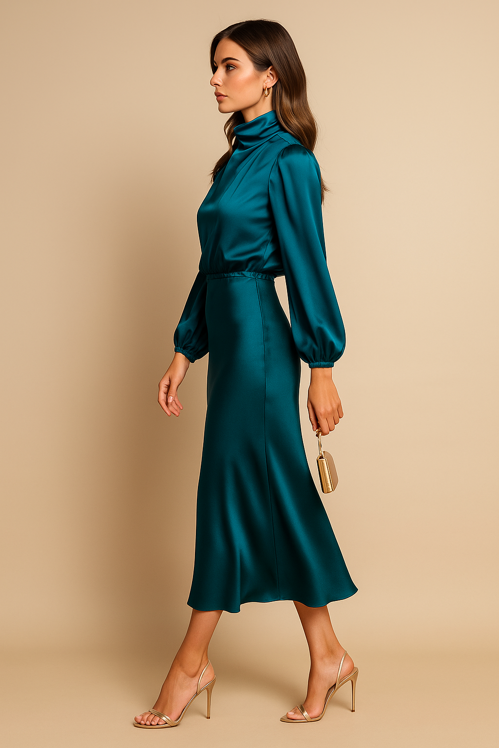 Harlowe - Women's Satin Midi Dress with Puffed Sleeves