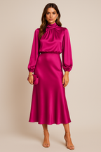 Harlowe - Women's Satin Midi Dress with Puffed Sleeves