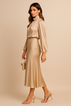 Harlowe - Women's Satin Midi Dress with Puffed Sleeves