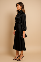Harlowe - Women's Satin Midi Dress with Puffed Sleeves
