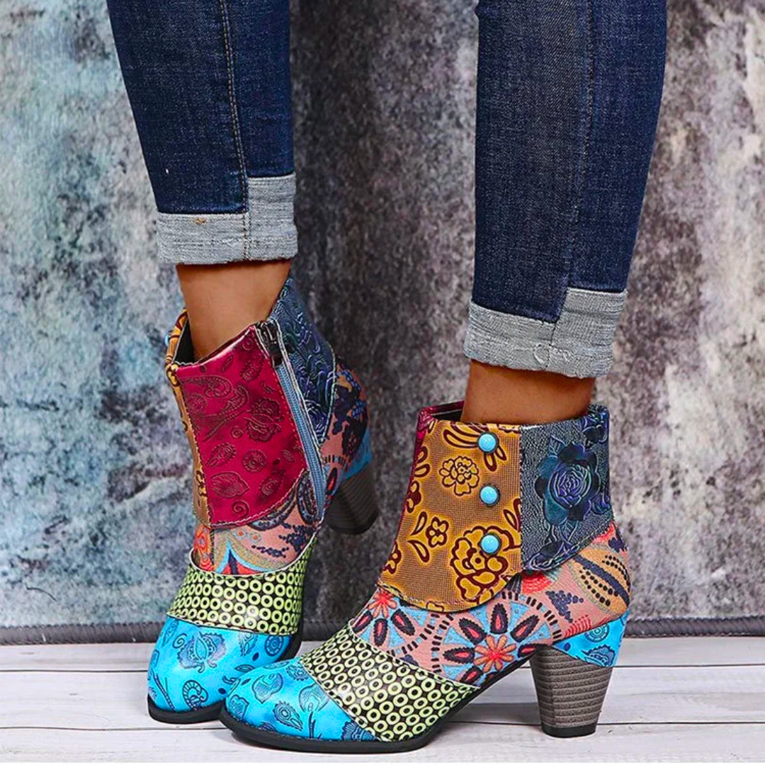 Hazel - Women's Patchwork Ankle Boots with Block Heel