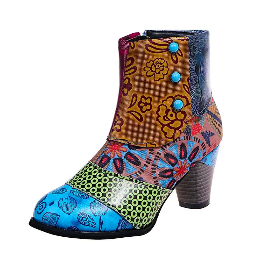 Hazel - Women's Patchwork Ankle Boots with Block Heel