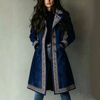 Indra - Women's Faux Suede Geometric Embroidered Long Coat 1