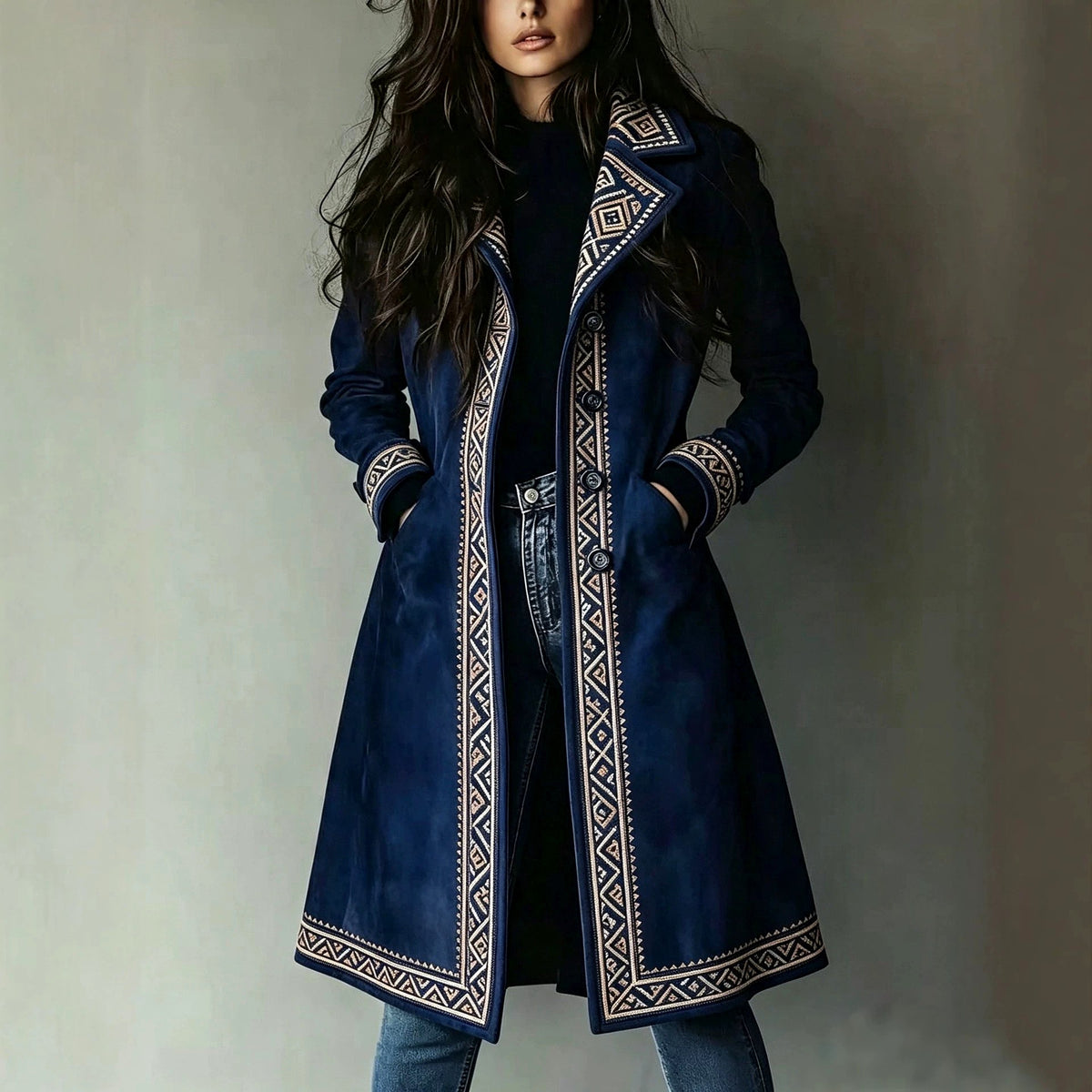 Indra - Women's Faux Suede Geometric Embroidered Long Coat 1