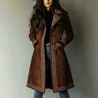 Indra - Women's Faux Suede Geometric Embroidered Long Coat 2
