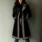 Indra - Women's Faux Suede Geometric Embroidered Long Coat 3
