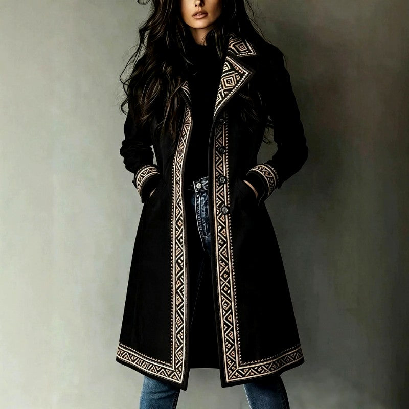 Indra - Women's Faux Suede Geometric Embroidered Long Coat 3